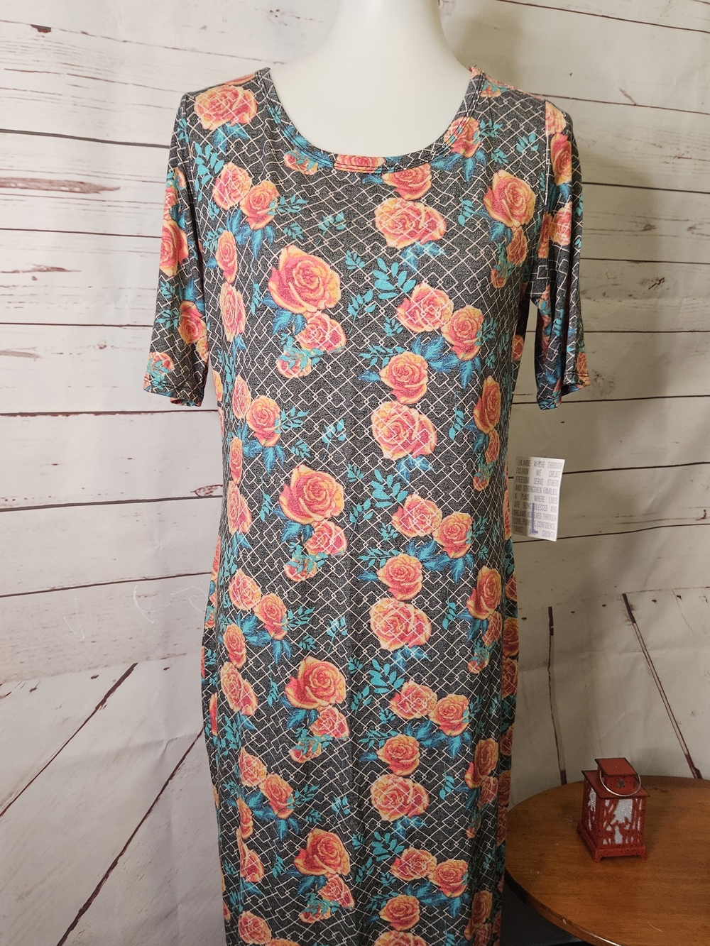LuLaRoe Asymmetrical Dress - Gray with Coral Roses and Teal Leaves